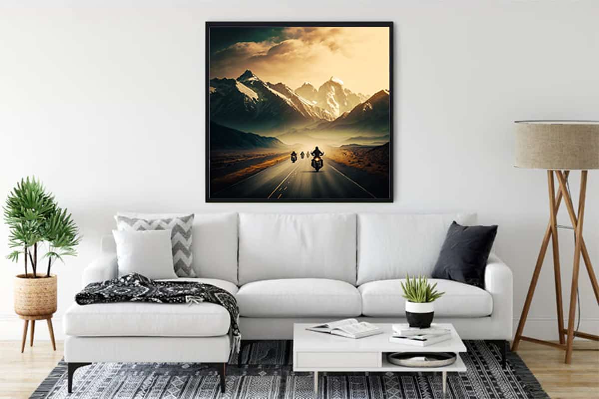 Diamond Painting Kit - Lightning fast biker art framed on wall in stylish living room. Paint by Numbers.