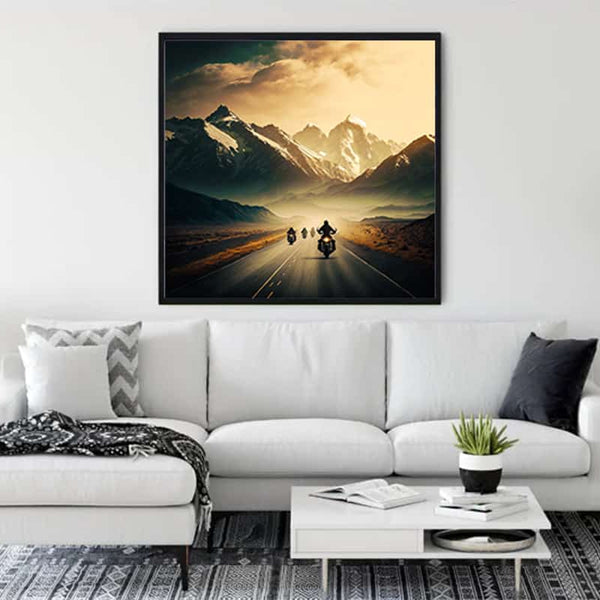 Diamond Painting Kit - Lightning fast biker art framed on wall in stylish living room. Paint by Numbers.
