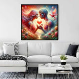 Paint by Numbers - whispers of the heart artwork depicting a romantic couple in a colorful surreal Garden of Eden over a white sofa.