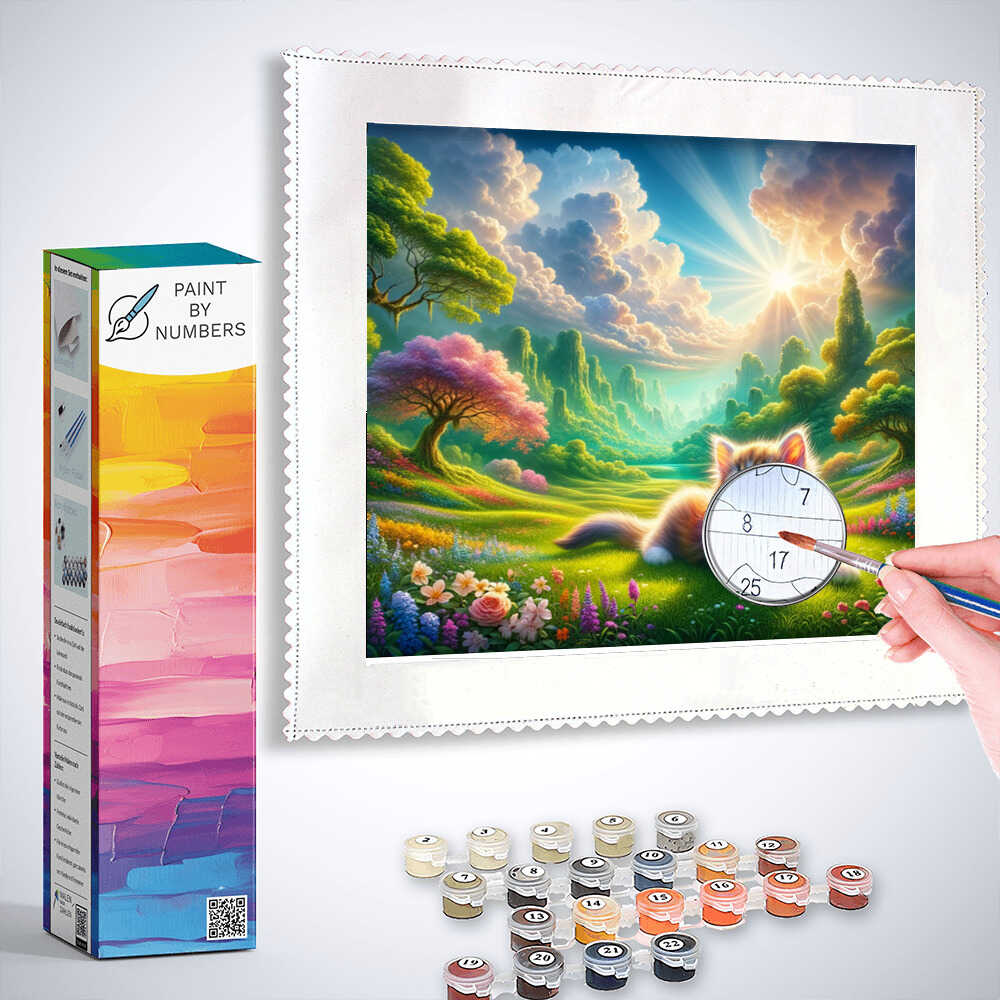 Paint by Numbers kit featuring colorful cat and flowers with paint supplies and canvas displayed.