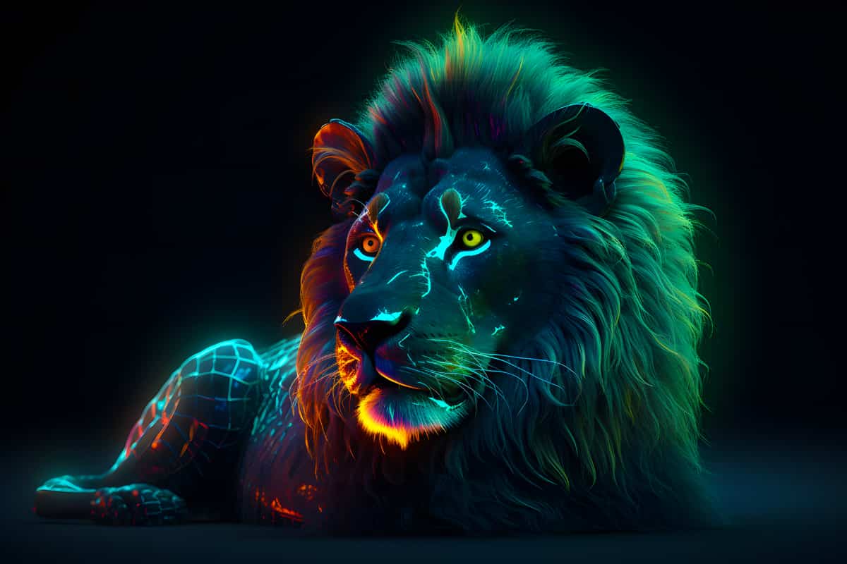 AB Diamond Painting kit of a lion at night with neon colors, part of a paint by numbers collection, featuring sparkling acrylic diamonds.