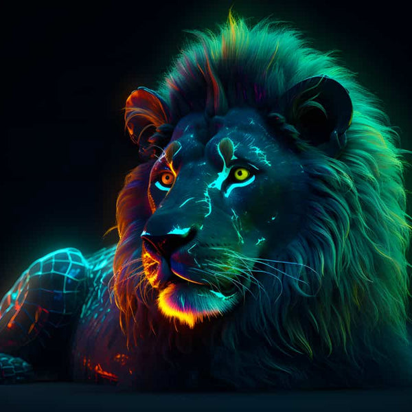 AB Diamond Painting kit of a lion at night with neon colors, part of a paint by numbers collection, featuring sparkling acrylic diamonds.