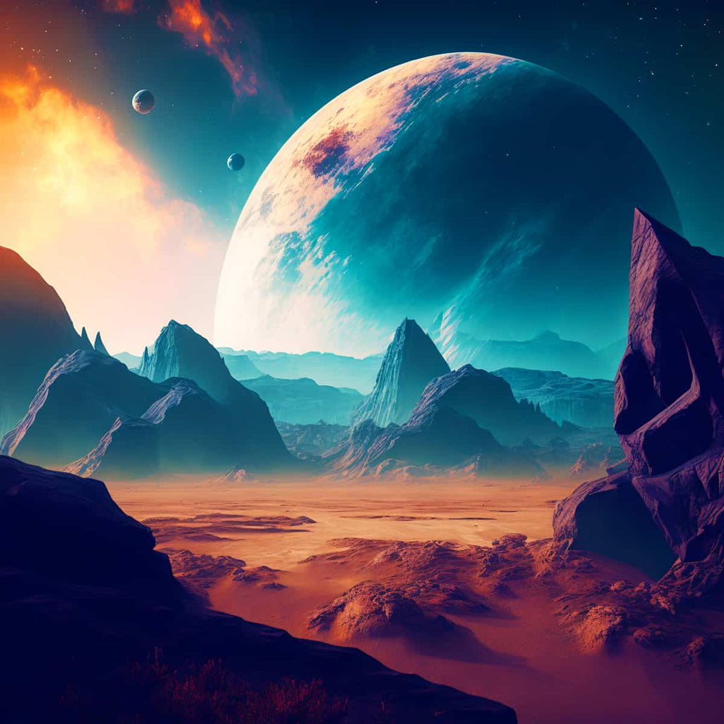 Fantasy landscape with blue planet and rocky terrain in diamond painting kit for paint by numbers artwork.