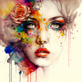 Diamond Painting Kit - Paint by Numbers Abstract Portrait of a Woman with a Rose and Colorful Splashes