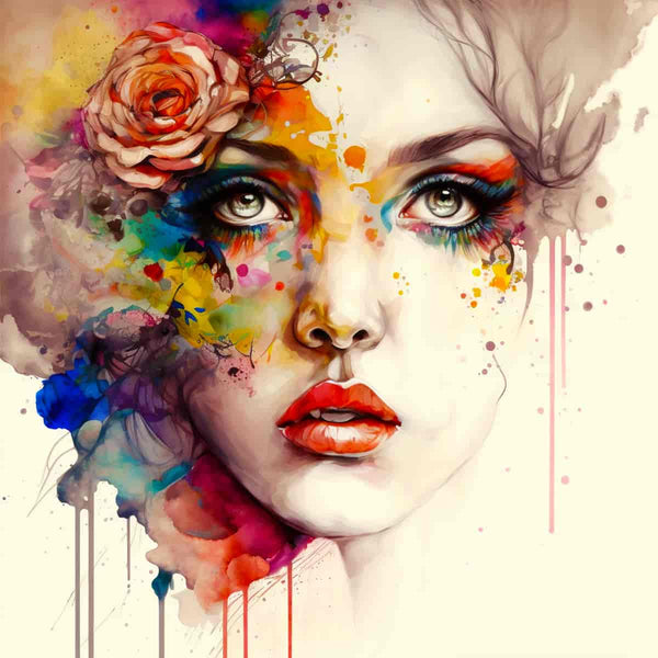 Diamond Painting Kit - Paint by Numbers Abstract Portrait of a Woman with a Rose and Colorful Splashes