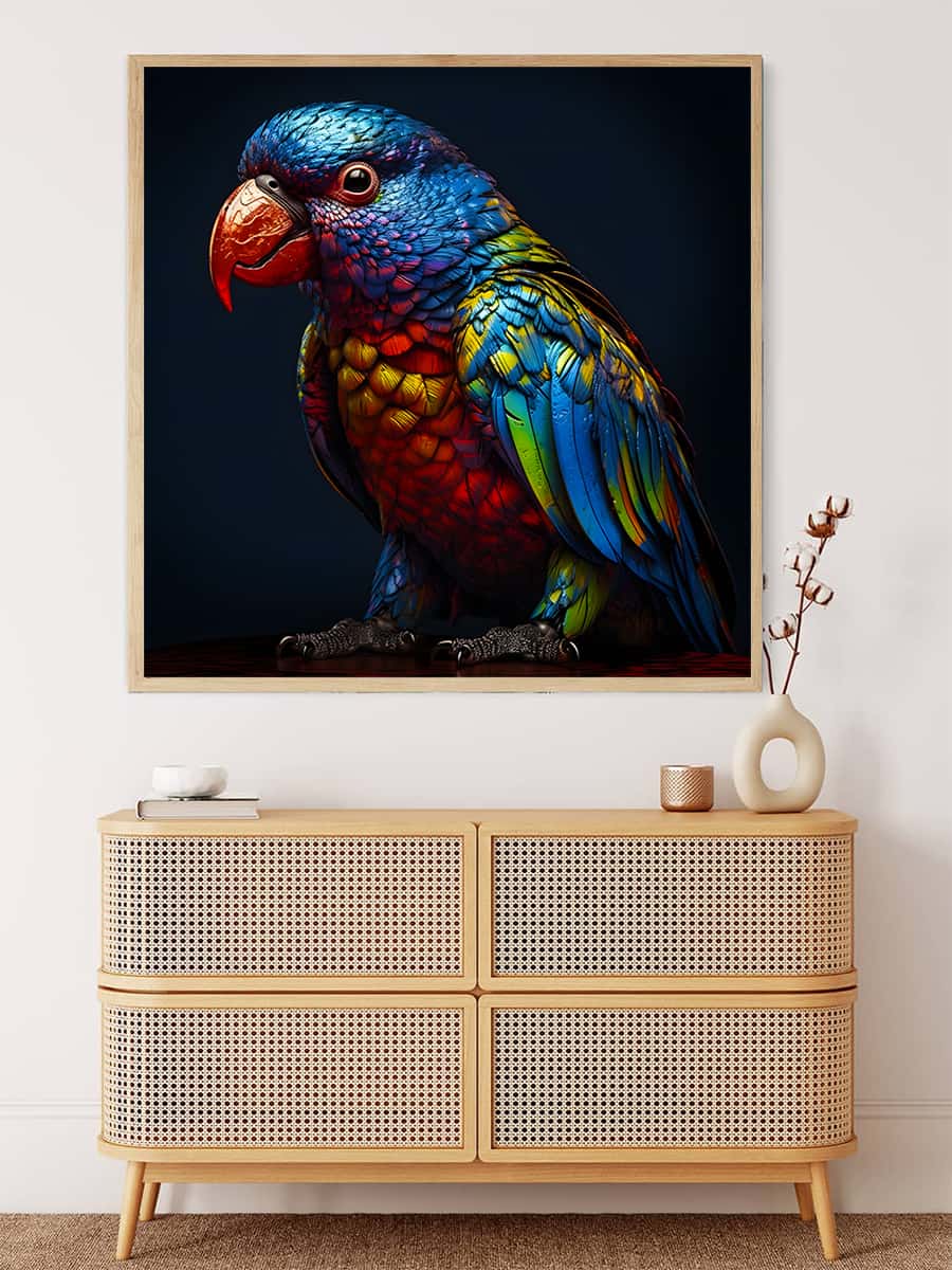 Diamond Painting Kit featuring a vibrant, colorful bird on canvas displayed above a modern wooden dresser. Paint by Numbers art.