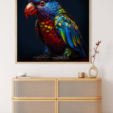 Diamond Painting Kit featuring a vibrant, colorful bird on canvas displayed above a modern wooden dresser. Paint by Numbers art.