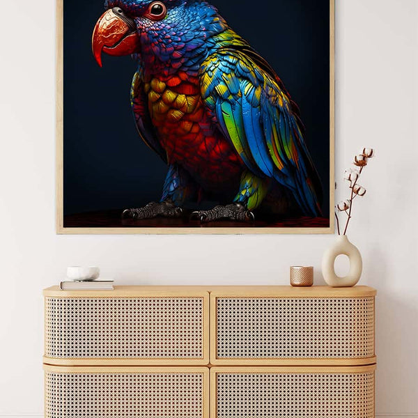 Diamond Painting Kit featuring a vibrant, colorful bird on canvas displayed above a modern wooden dresser. Paint by Numbers art.