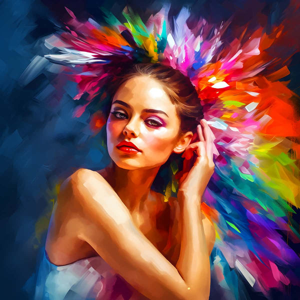 Woman with abstract colorful hairstyle in diamond painting style, included in AB Diamond Painting Kit – Art that Sparkles! Paint by Numbers.