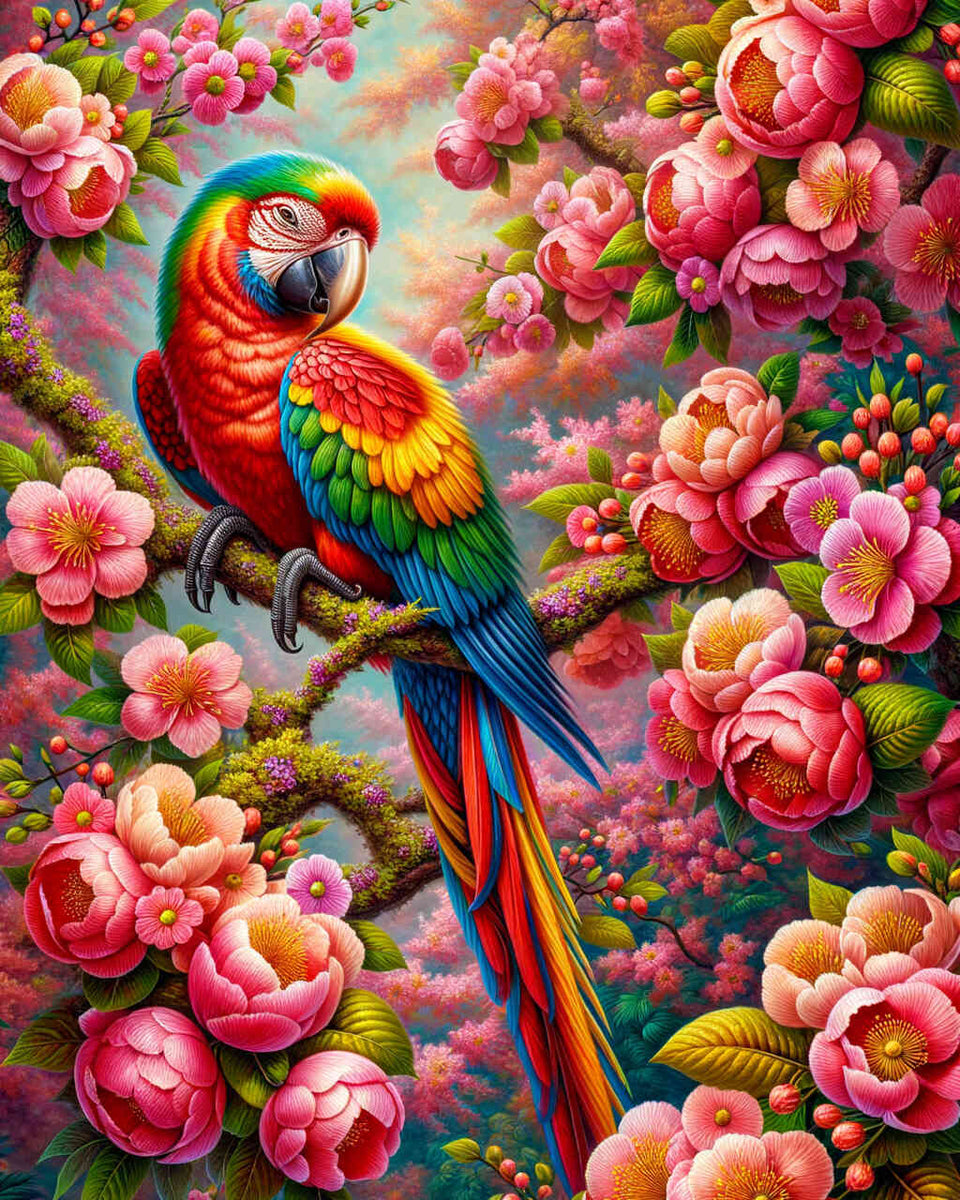 Paint by Numbers - Parrot, pink flower tree