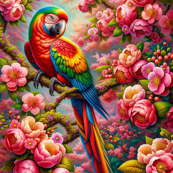 Paint by Numbers - Parrot, pink flower tree