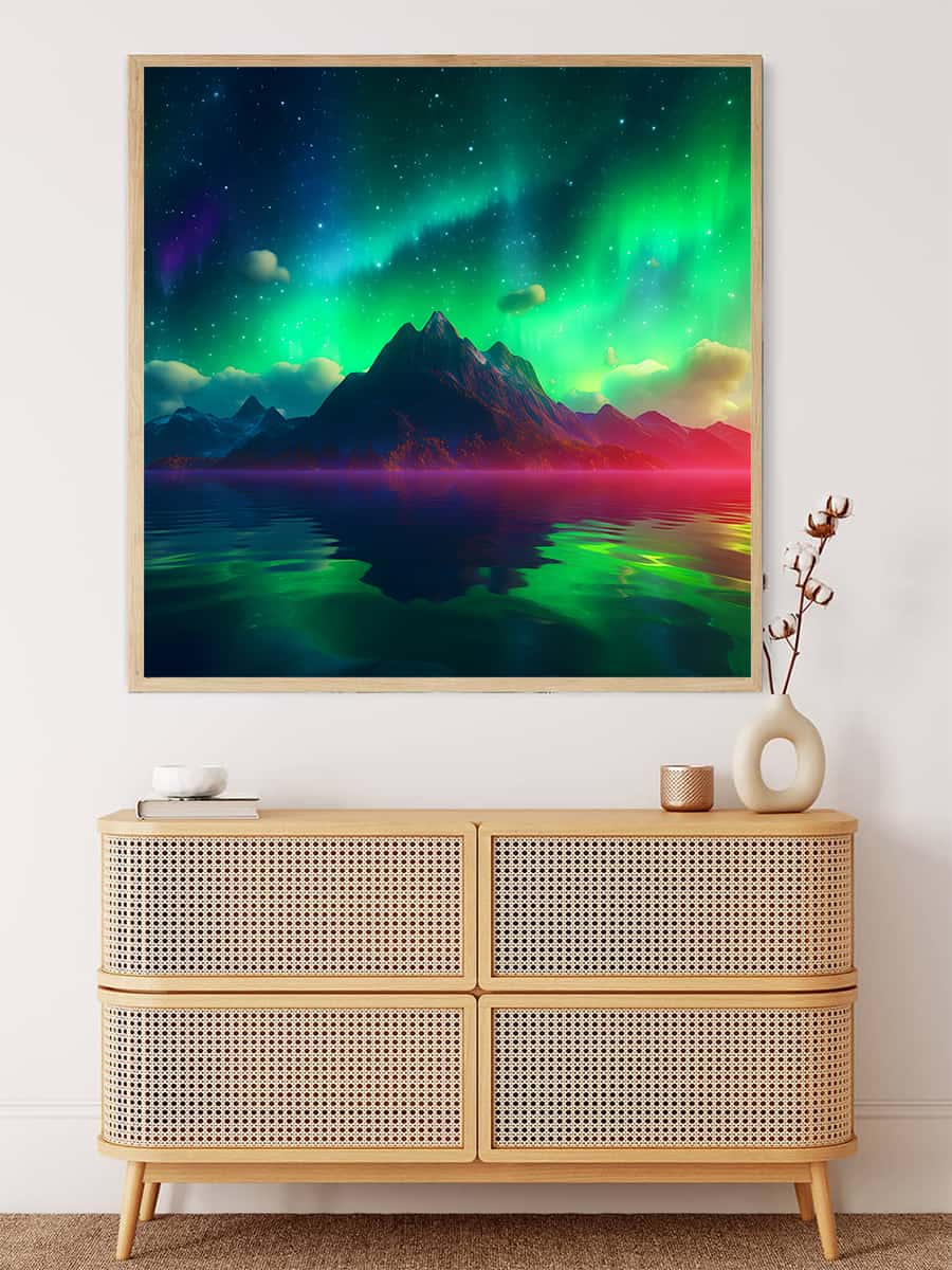 AB Diamond Painting - Northern Lights Green display over a wicker dresser with vases, showcasing a Paint by Numbers sparkling art kit.