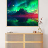 AB Diamond Painting - Northern Lights Green display over a wicker dresser with vases, showcasing a Paint by Numbers sparkling art kit.