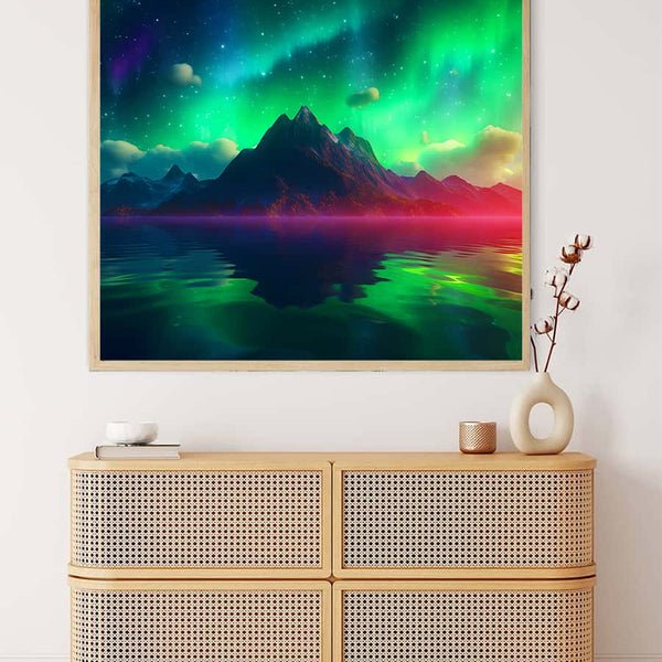 AB Diamond Painting - Northern Lights Green display over a wicker dresser with vases, showcasing a Paint by Numbers sparkling art kit.