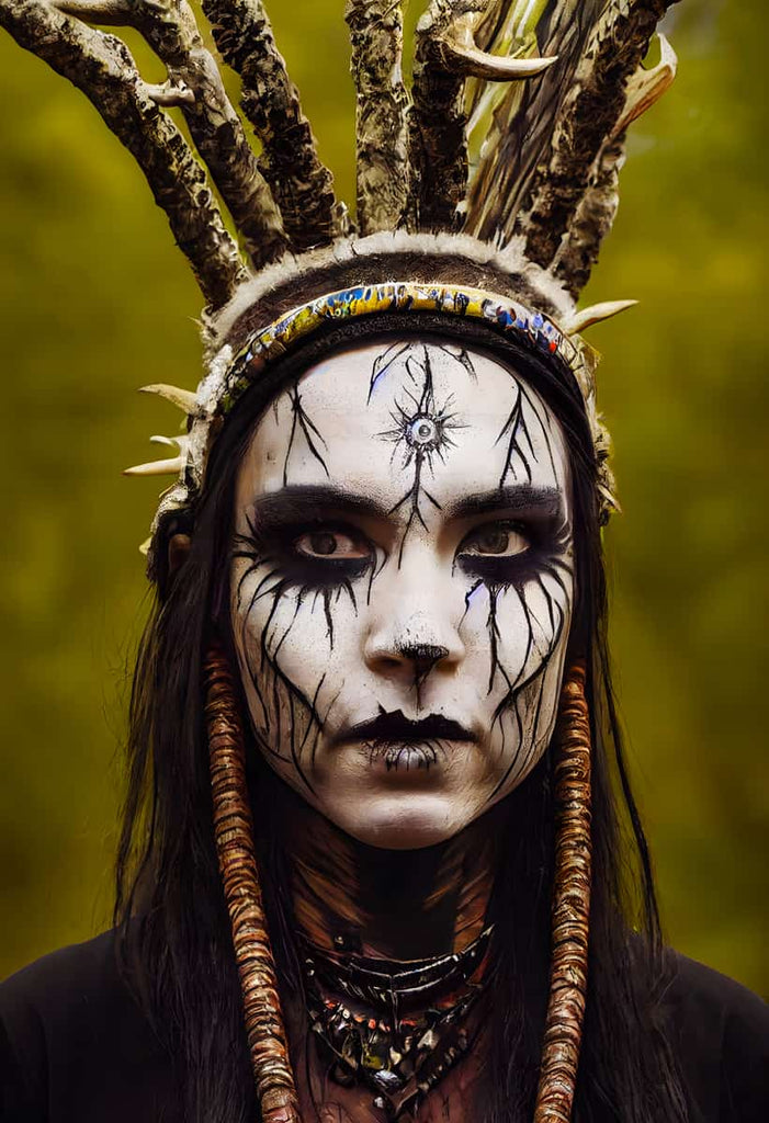 Artistic portrait of a person with intricate face paint and a crown made of branches against a green background.