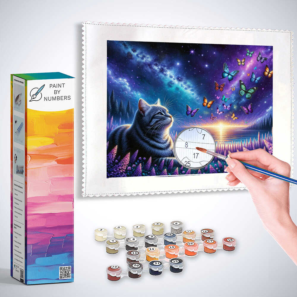 Paint by Numbers - Cat marvels at colorful butterfly