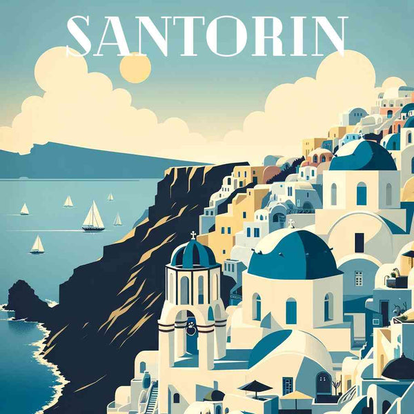 Paint by Numbers - Meeresbrise in Santorin depicts a picturesque cliffside with white buildings, blue domes, and a serene sea with sailboats.