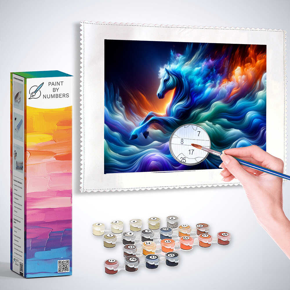 Paint by Numbers kit for Diamond Painting featuring a mystical water horse surrounded by colorful waves and mist in vibrant bold hues