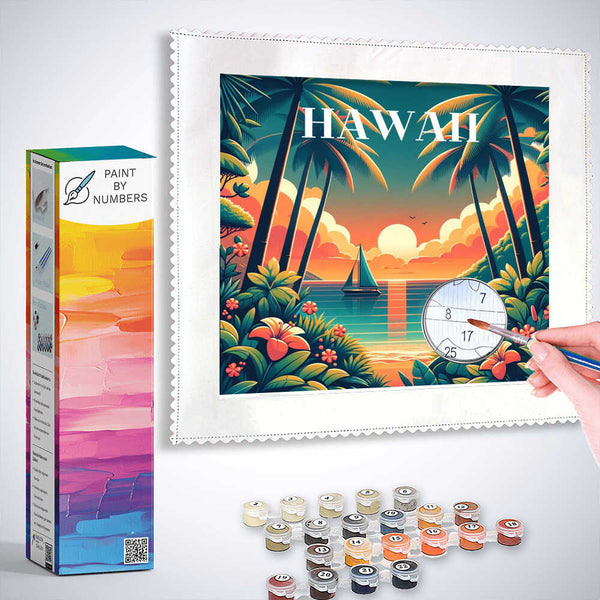 Paint by Numbers kit of Tropical Sunset Dream with sailboat, palm trees, and vibrant sunset over the sea in a modern style.