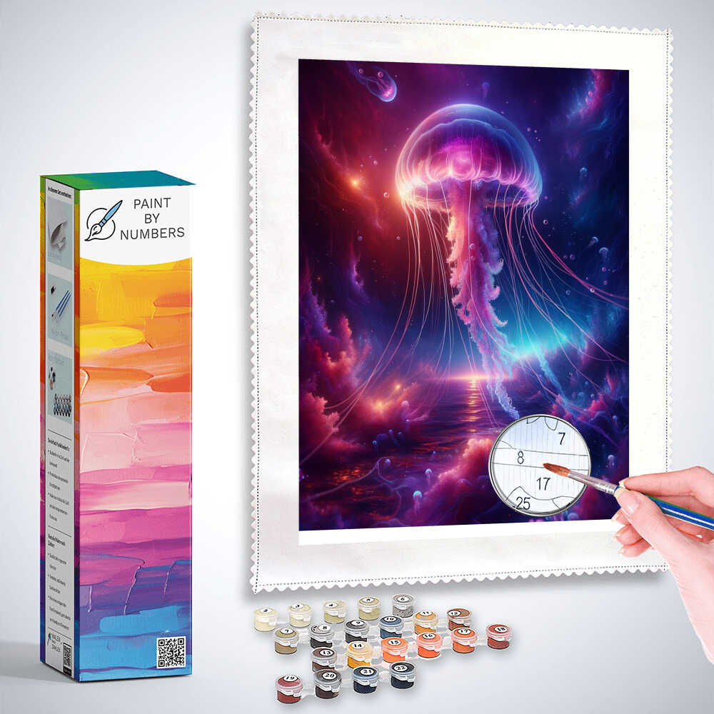 Paint by Numbers kit for creating a glowing jellyfish artwork in vibrant purple and pink hues, with a hand painting on a canvas.