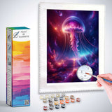 Paint by Numbers kit for creating a glowing jellyfish artwork in vibrant purple and pink hues, with a hand painting on a canvas.