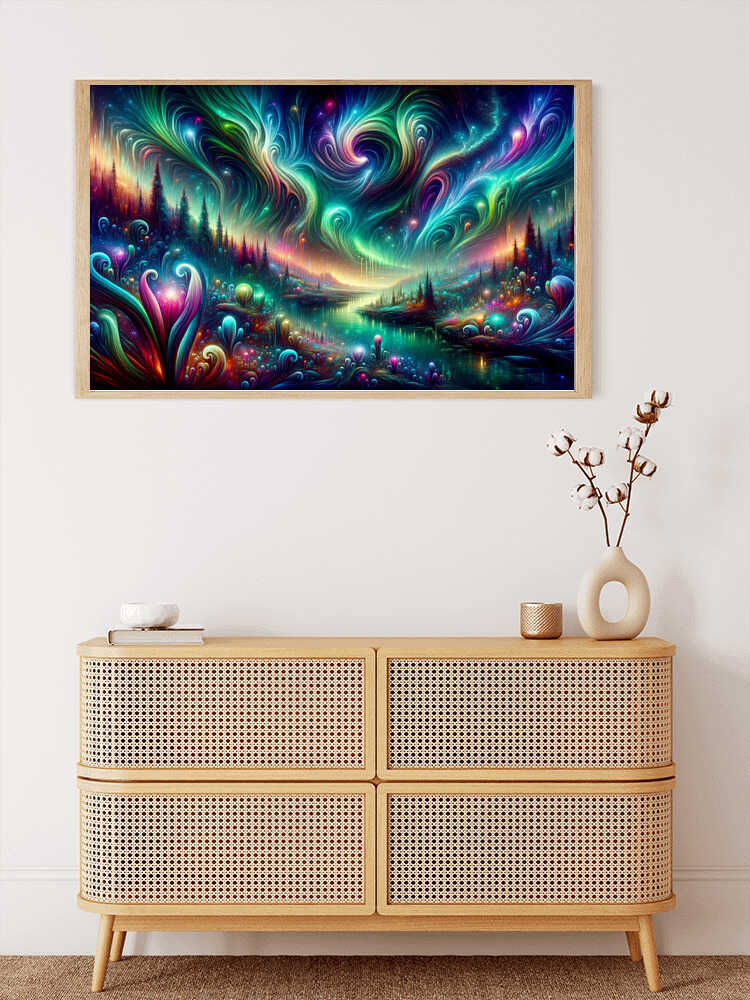 Paint by Numbers - Cosmic Life Flow on wall, vibrant artwork with blues, greens, and purples depicting a mystical, flowing universe.
