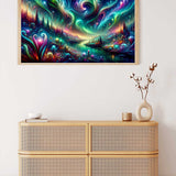 Paint by Numbers - Cosmic Life Flow on wall, vibrant artwork with blues, greens, and purples depicting a mystical, flowing universe.