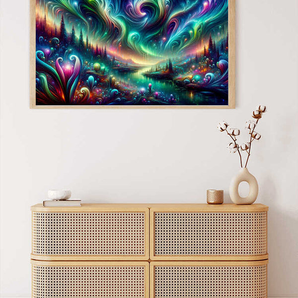 Paint by Numbers - Cosmic Life Flow on wall, vibrant artwork with blues, greens, and purples depicting a mystical, flowing universe.