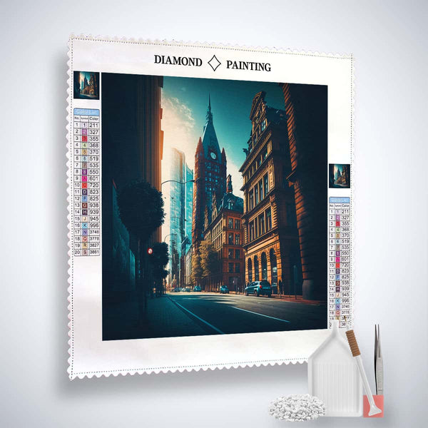 Diamond Painting kit of Hamburg Street with professional canvas, enhanced acrylic diamonds, artist's tweezers, and application pen. Paint by Numbers.