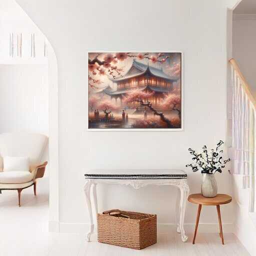 House surrounded by peach tree flowers - Paint by Numbers