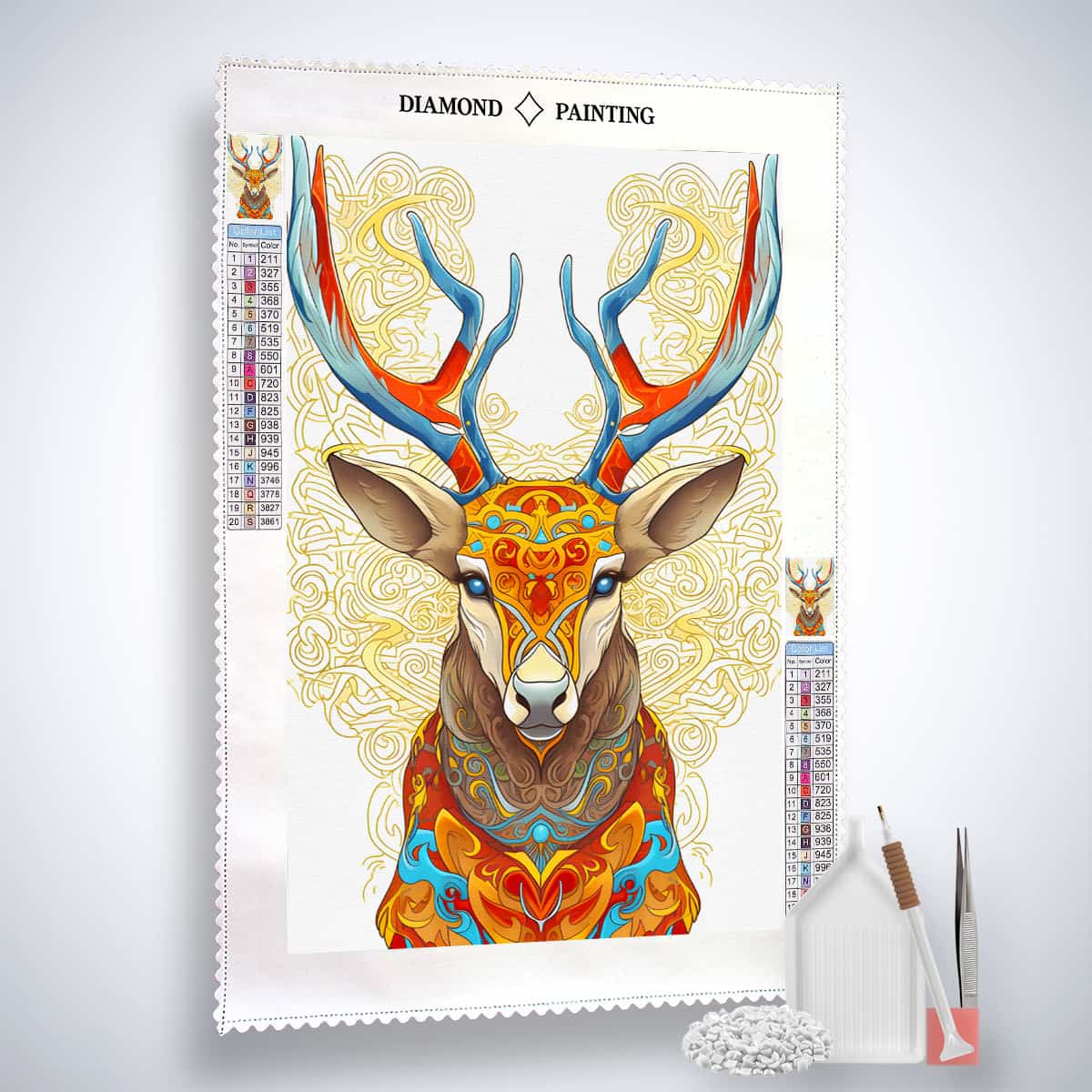 Diamond Painting Kit featuring a colorful vector deer design on canvas with included acrylic diamonds, tweezers, and professional application pen.