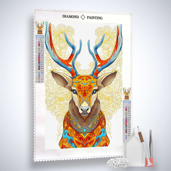 Diamond Painting Kit featuring a colorful vector deer design on canvas with included acrylic diamonds, tweezers, and professional application pen.
