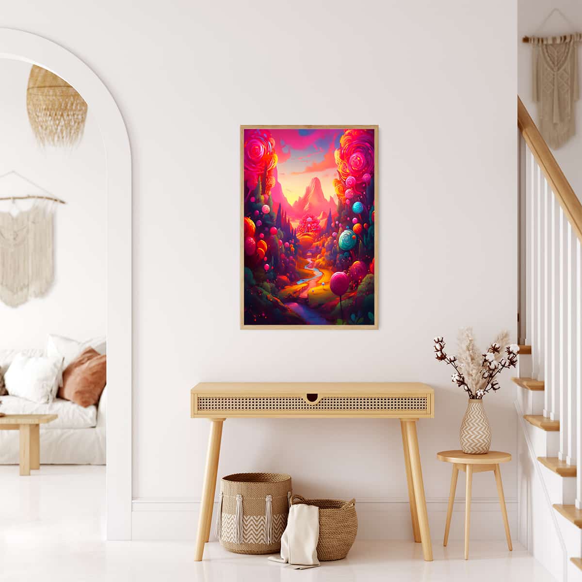 AB Diamond Painting Lollipop World displayed in modern living room with neutral decor.