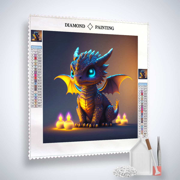 Diamond Painting Kit - Dragon Dreams, featuring a vibrant dragon design, tools, and acrylic diamonds for a sparkling Paint by Numbers experience.