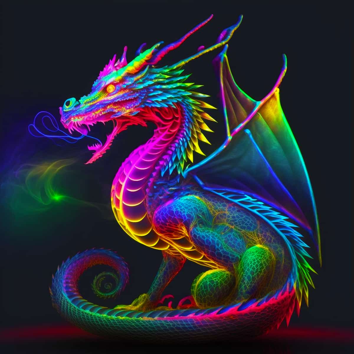 Vibrant multicolored dragon with neon hues, showcasing artistic brilliance against a dark background in a diamond painting kit