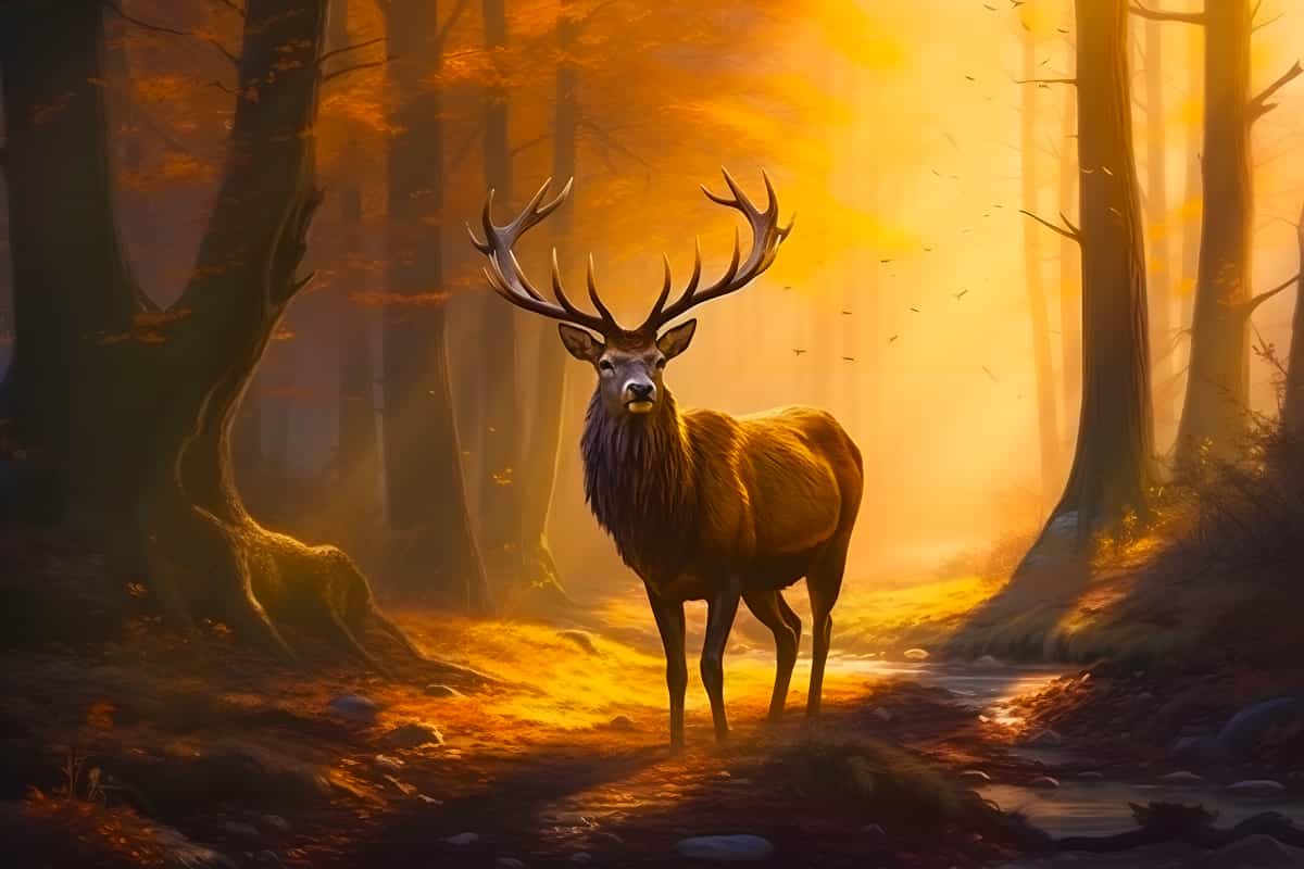 Deer in golden forest at sunset, featured in Diamond Painting Kits – Art that Sparkles! Paint by Numbers arts and crafts.