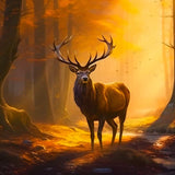 Deer in golden forest at sunset, featured in Diamond Painting Kits – Art that Sparkles! Paint by Numbers arts and crafts.