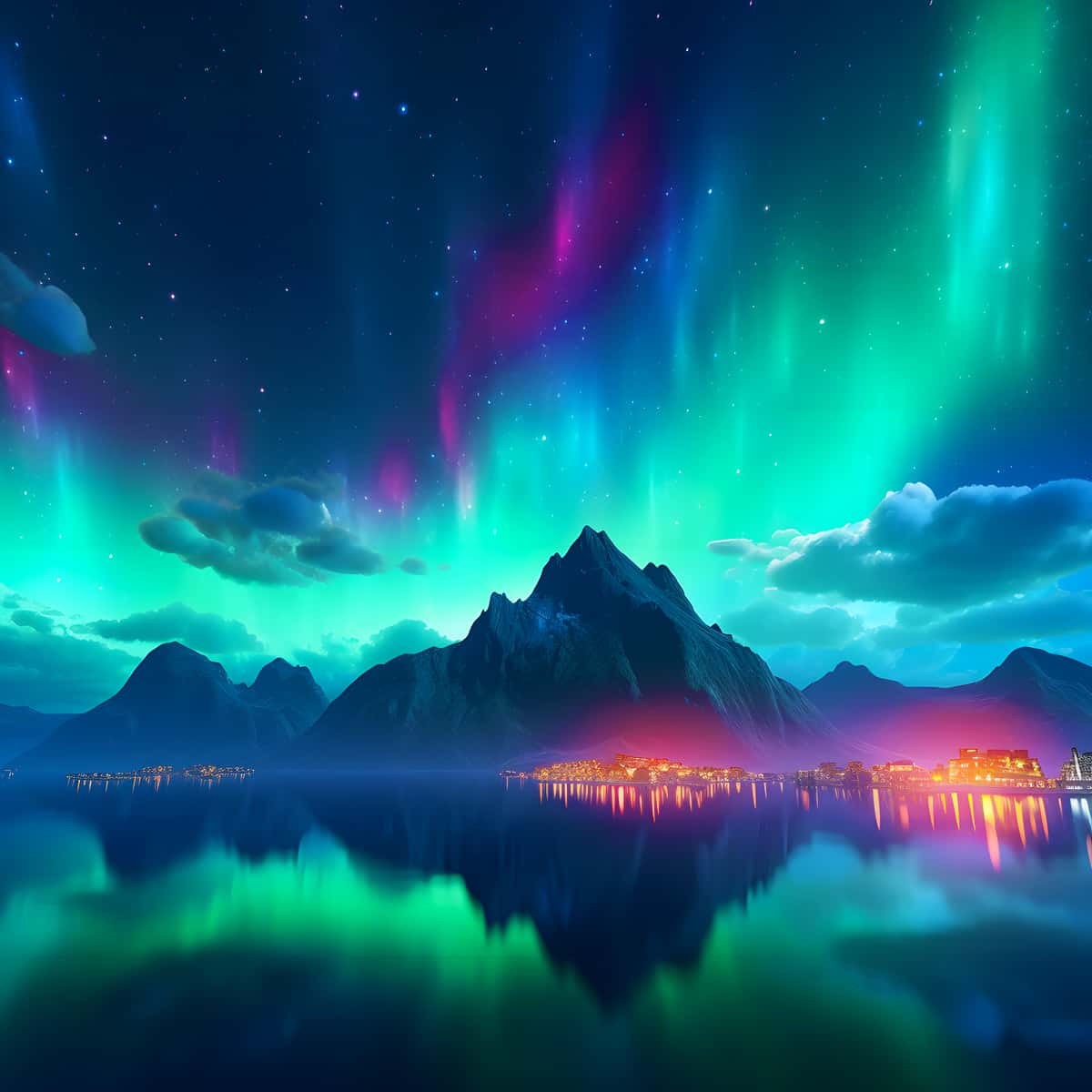 Aurora borealis over a glowing city reflected in a lake with mountain backdrop, featured in AB Diamond Painting kit.
