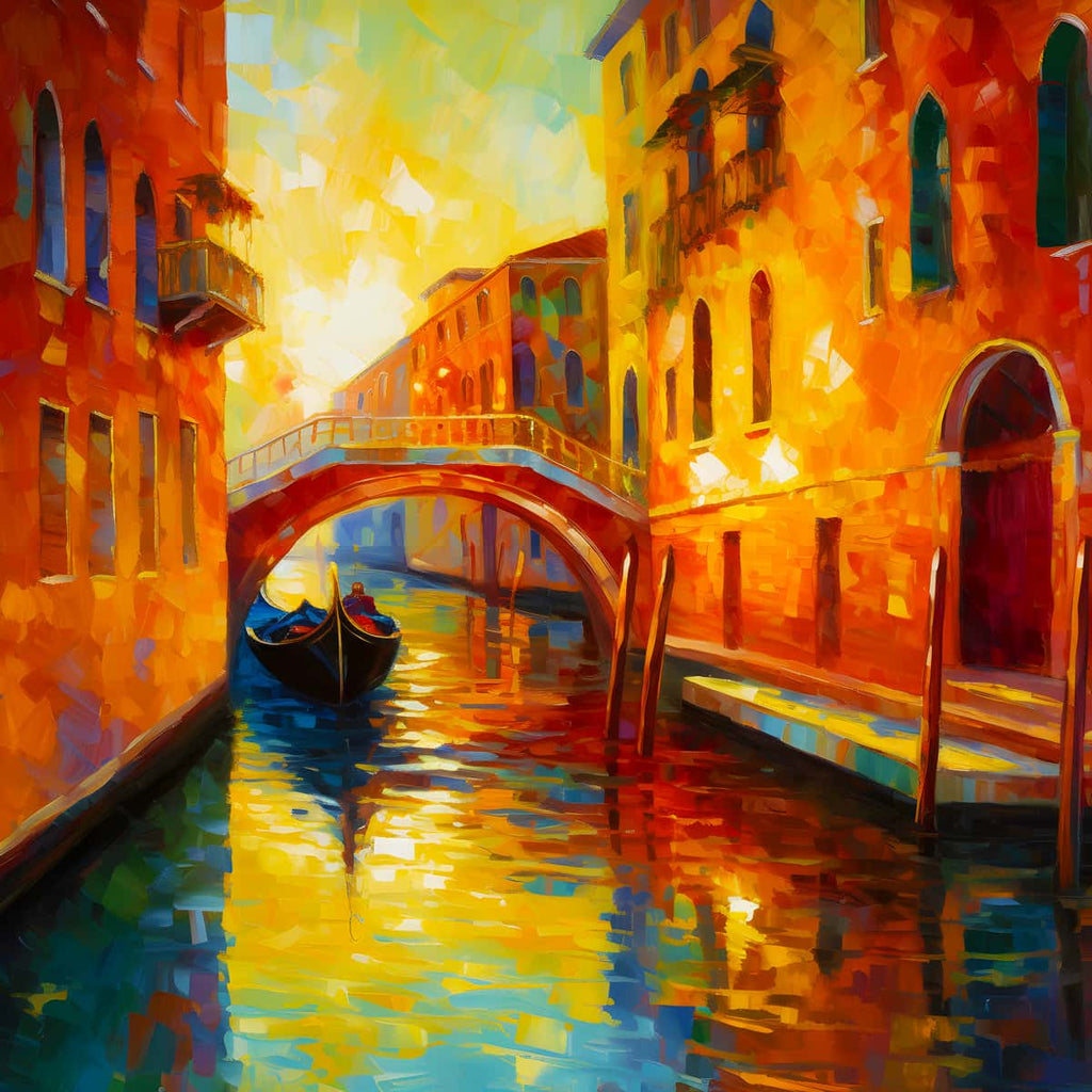 Vibrant Venice bridge in the sun with a gondola, diamond painting kit, Paint by Numbers art, colorful water reflections