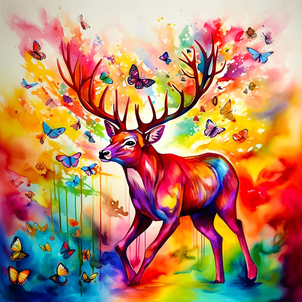 Colorful deer in vibrant diamond painting kit with butterflies, perfect for paint by numbers art projects.