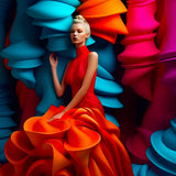 Woman in extravagant red dress posing amidst vibrant, abstract backgrounds in a diamond painting.
