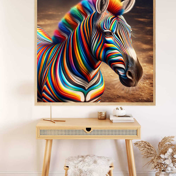 Paint by Numbers - Colorful Zebra Artwork on Wall Above Minimalist Wooden Desk