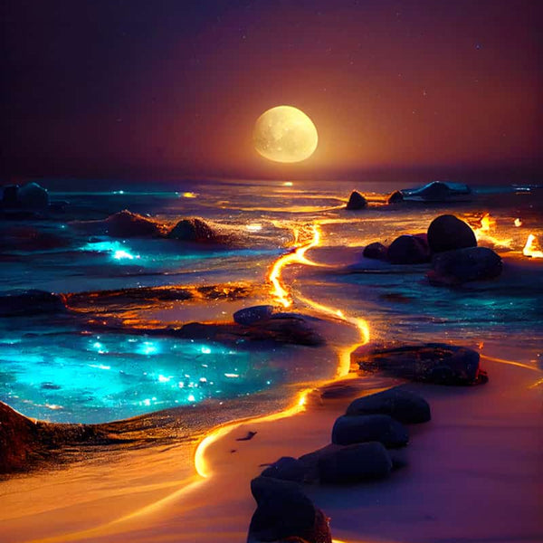 AB Diamond Painting - Light path on the beach, night scene with glowing path, moonlit ocean waves and paint by numbers kit for DIY art.