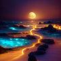 AB Diamond Painting - Light path on the beach, night scene with glowing path, moonlit ocean waves and paint by numbers kit for DIY art.