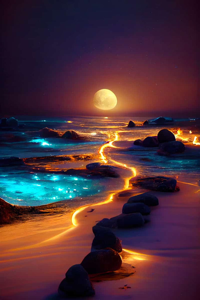 AB Diamond Painting - Light path on the beach, night scene with glowing path, moonlit ocean waves and paint by numbers kit for DIY art.