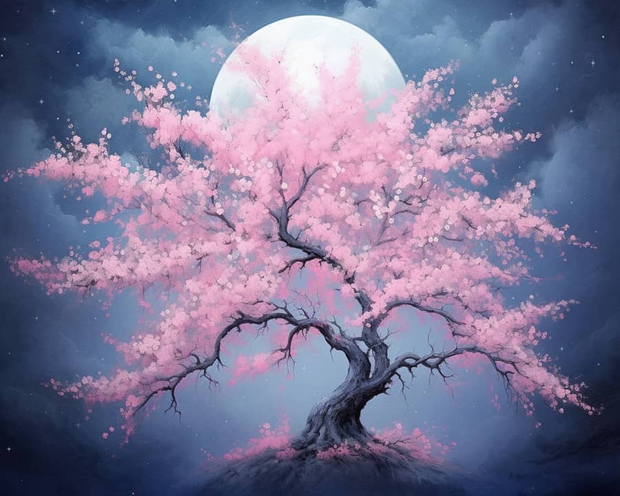 Peach blossom tree at night - Paint by Numbers