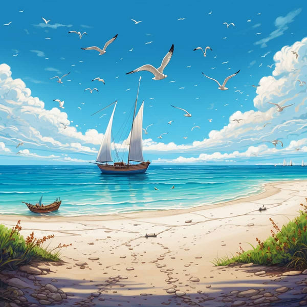 Paradise Beach Diamond Painting kit featuring a serene seascape with a sailboat, capturing the essence of Paint by Numbers art.