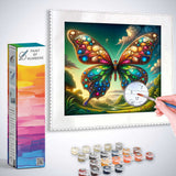 Paint by Numbers - Color Dance of Life featuring a vibrant butterfly over a scenic landscape with paint tools and numbered canvas