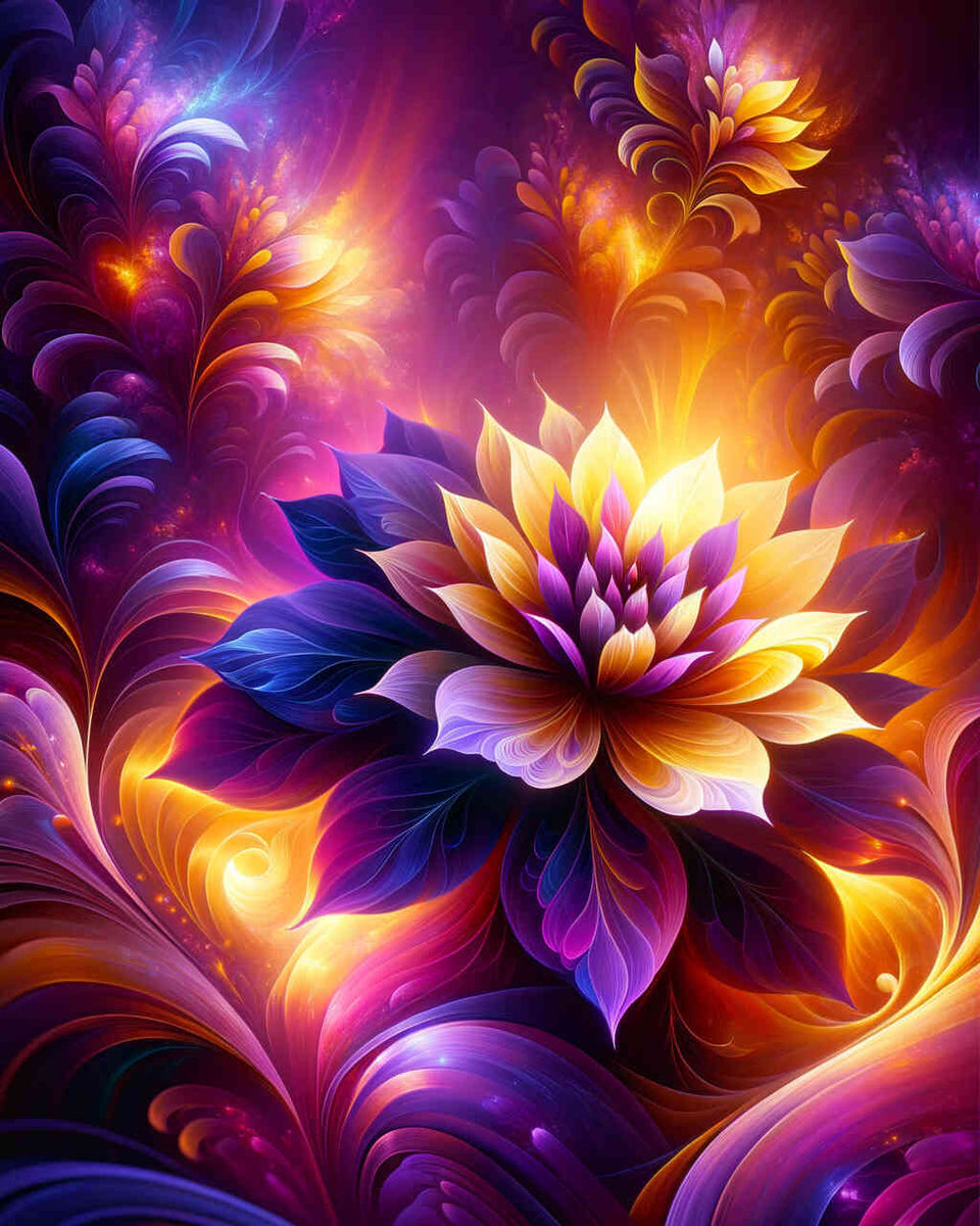 Vibrant purple and yellow floral diamond painting featuring a luminous flower in a dreamy, fantasy-style design for paint by numbers.
