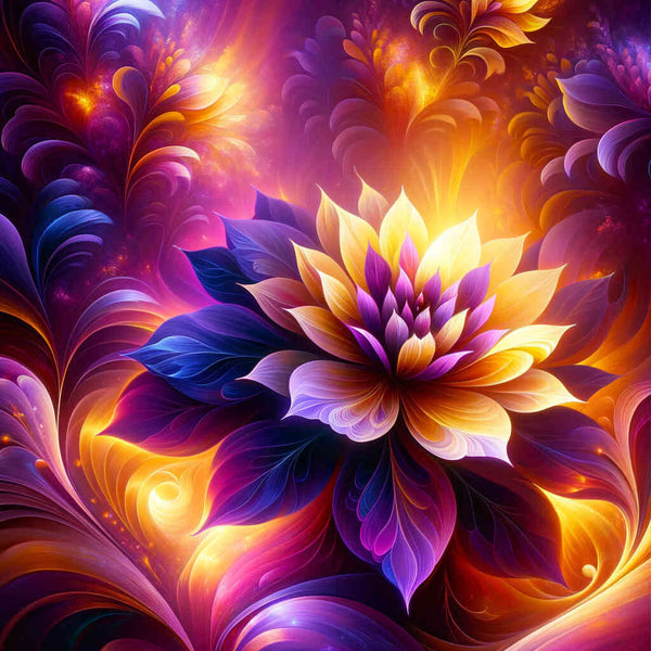 Vibrant purple and yellow floral diamond painting featuring a luminous flower in a dreamy, fantasy-style design for paint by numbers.